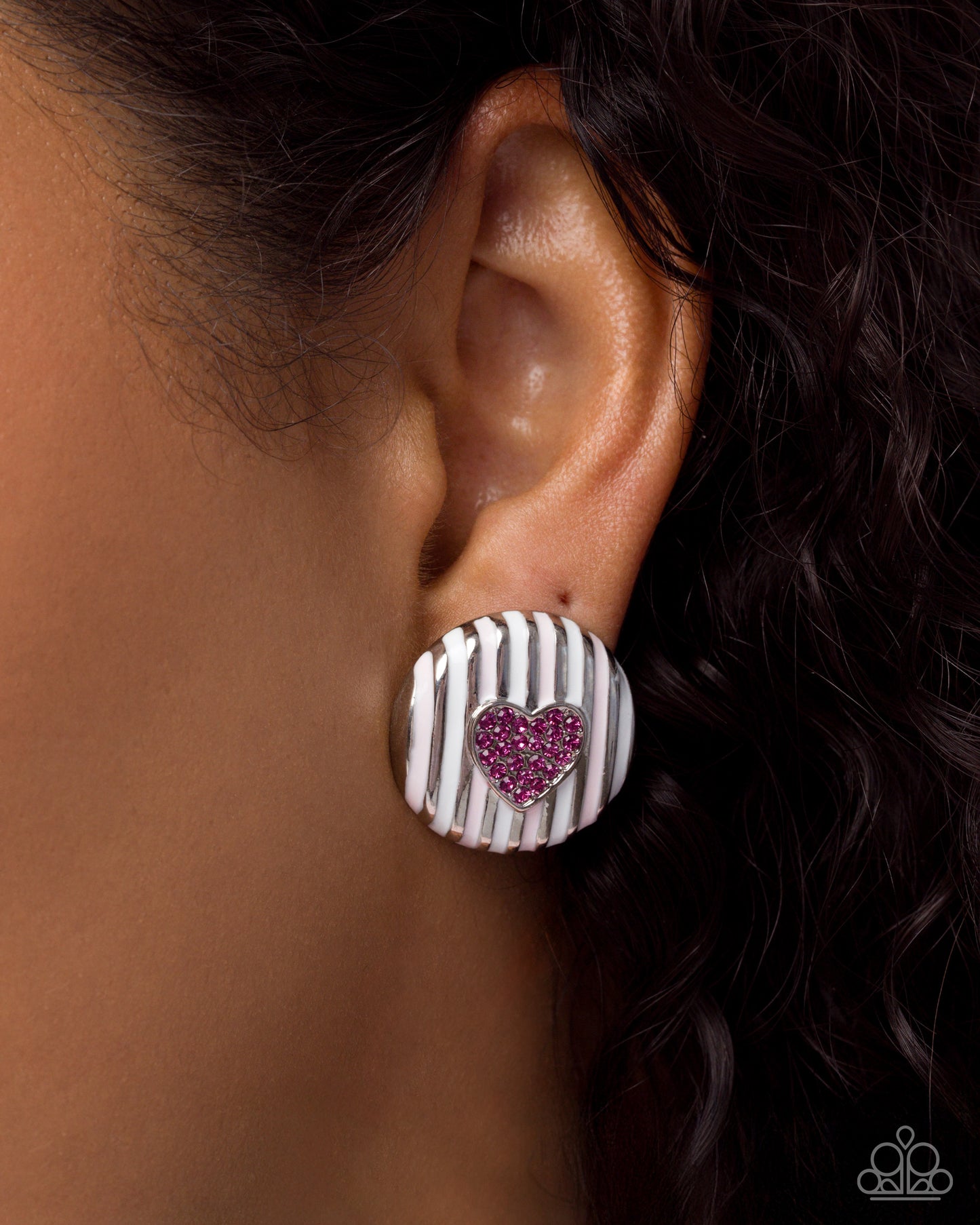 Paparazzi Smitten Stripes - Pink - Baby Pink Heart, White & Silver Striped Post Earrings E3320