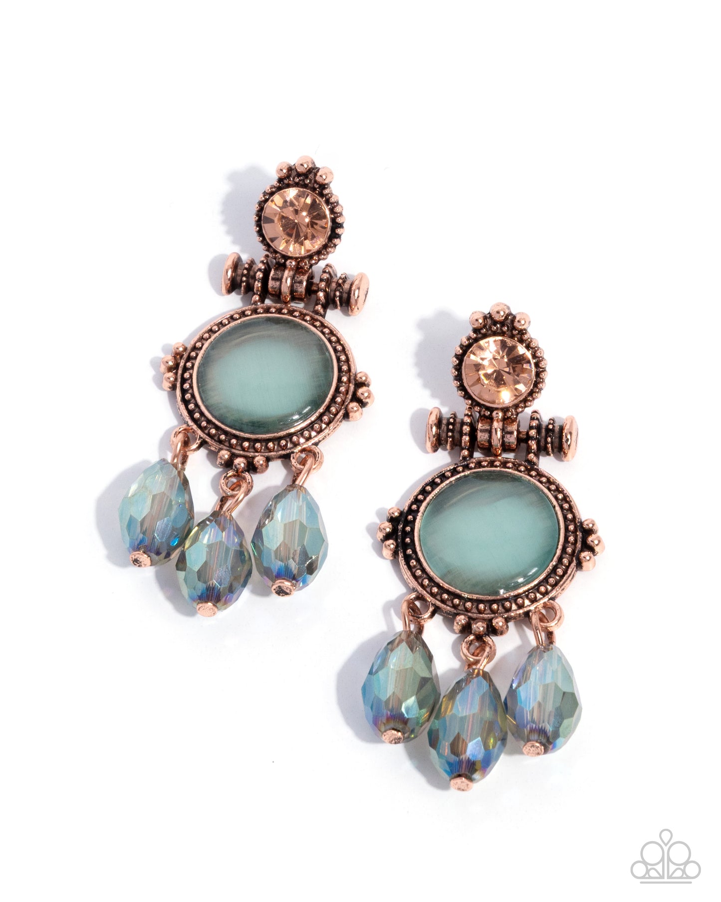 Paparazzi Easygoing Elevation - Copper, Blue Cat's Eye Stone & Light Peach Rhinestone Earring E3289