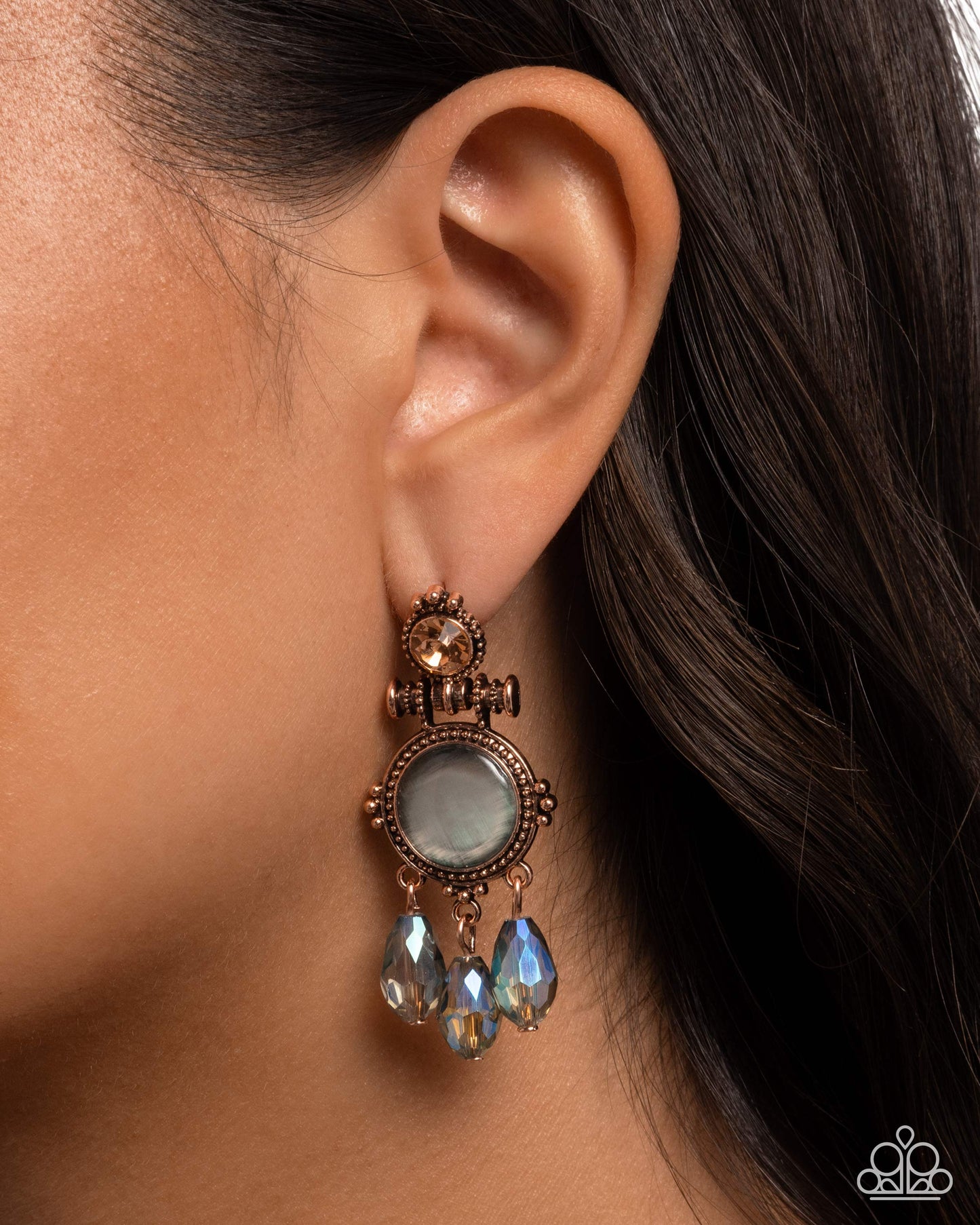 Paparazzi Easygoing Elevation - Copper, Blue Cat's Eye Stone & Light Peach Rhinestone Earring E3289