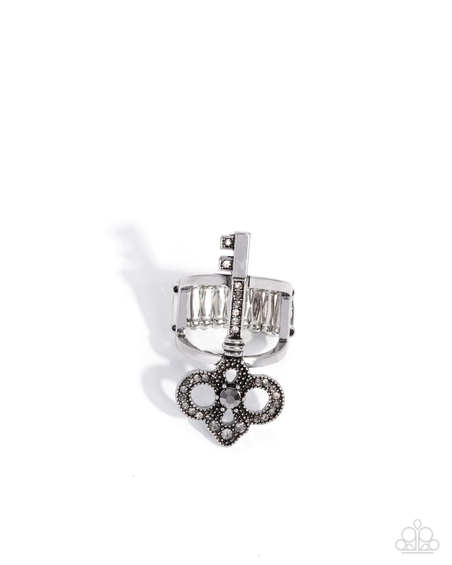 Knockout Key - Silver & Hematite, White & Smoky Rhinestone Key Ring Paparazzi R1201