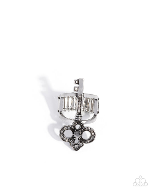 Knockout Key - Silver & Hematite, White & Smoky Rhinestone Key Ring Paparazzi R1201