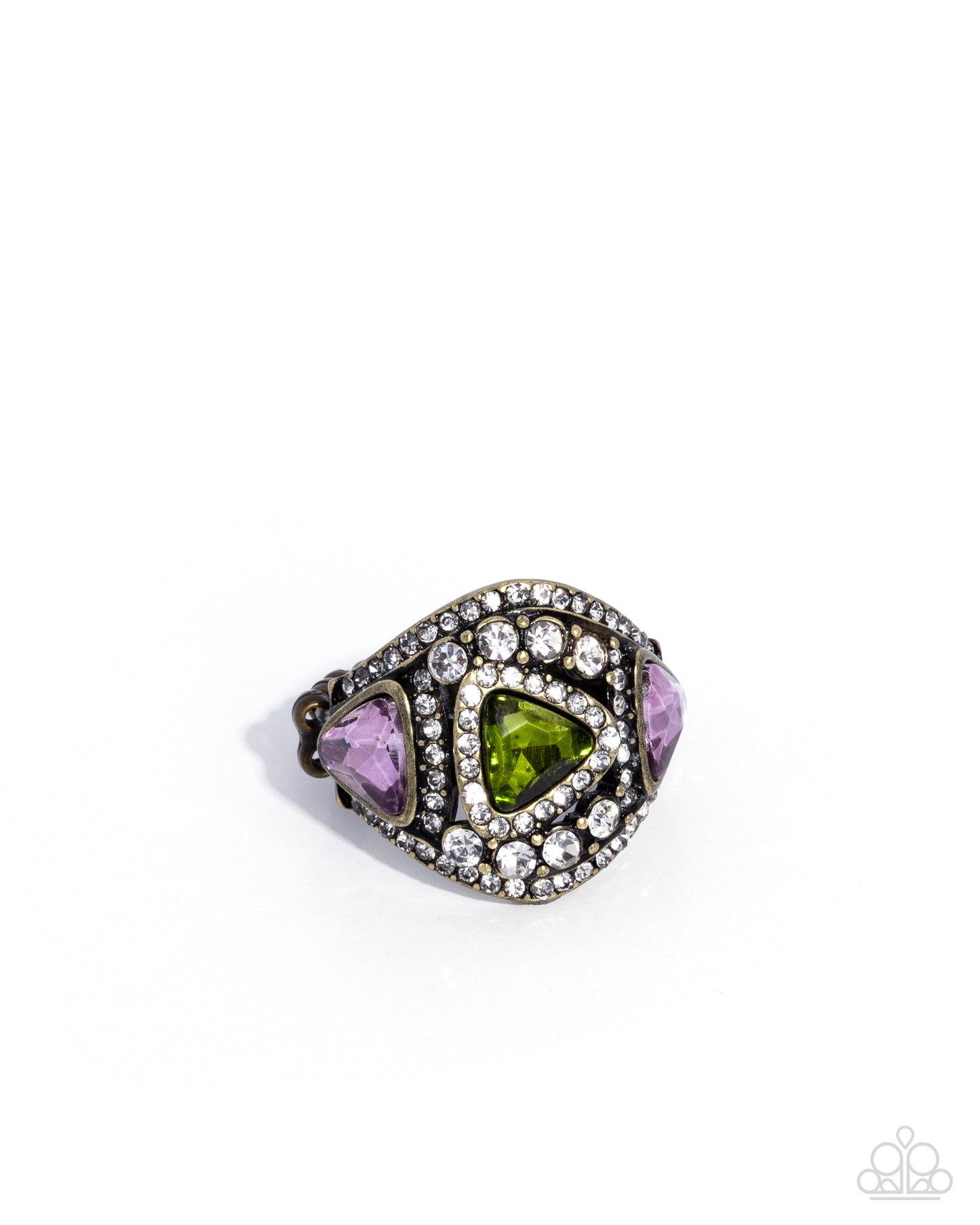 Paparazzi Radiant Regalia - Brass, Pink & Green Gem Abstract Layered Ring R1223