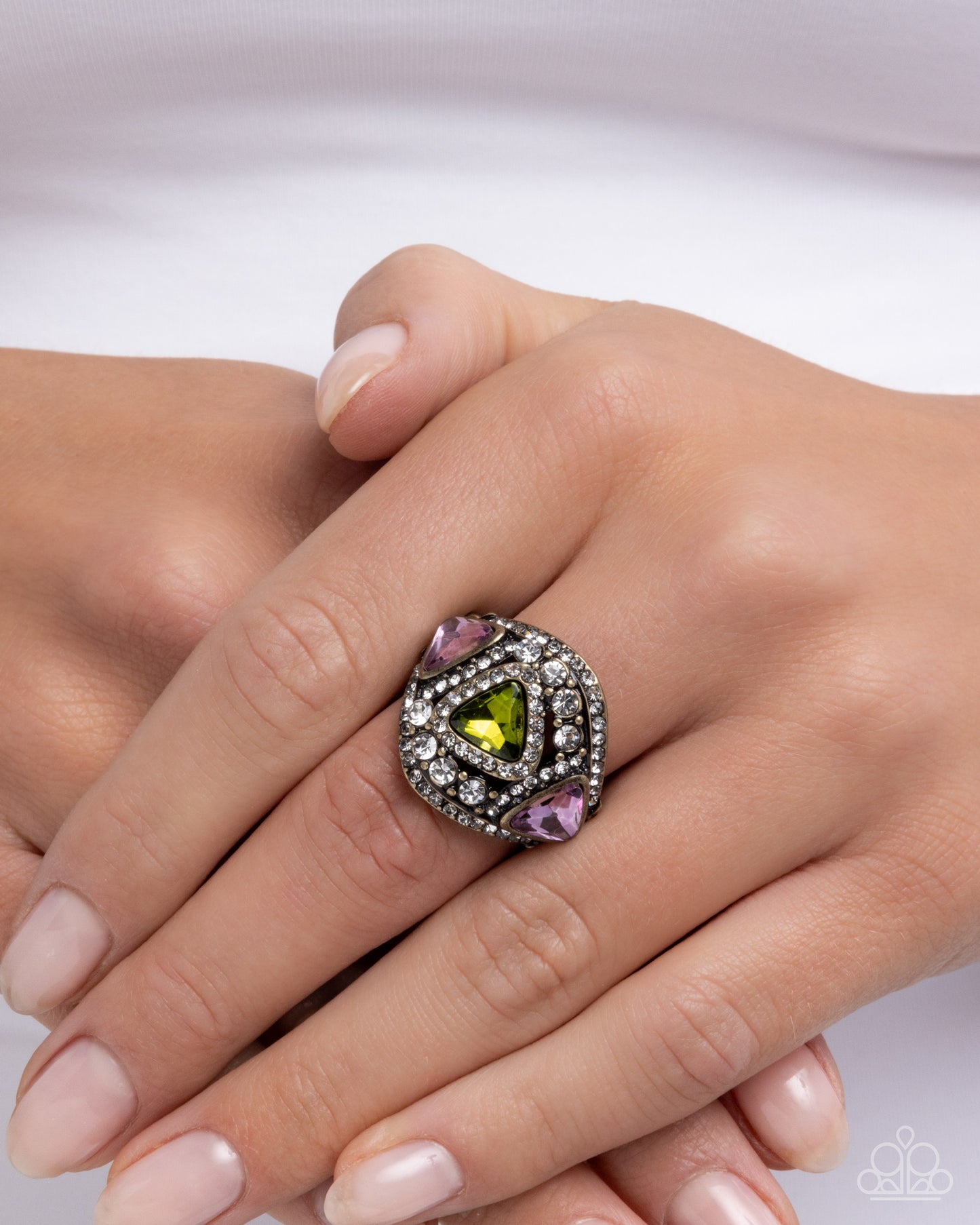 Paparazzi Radiant Regalia - Brass, Pink & Green Gem Abstract Layered Ring R1223