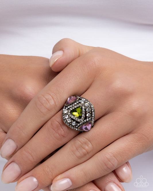 Paparazzi Radiant Regalia - Brass, Pink & Green Gem Abstract Layered Ring R1223