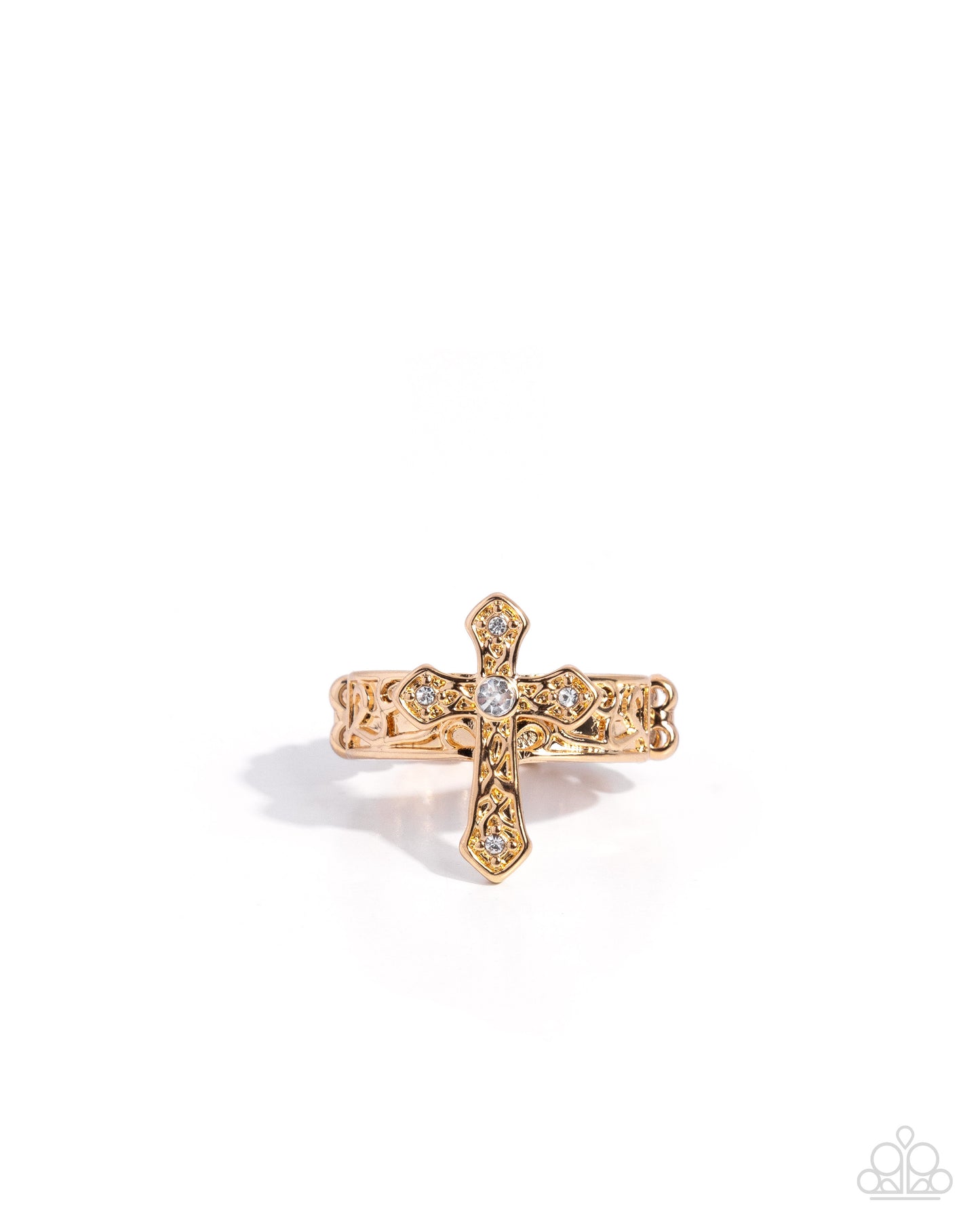 Paparazzi Holy Haute - Gold & White Rhinestone Cross Ring R1264