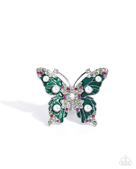Paparazzi Fluttering Formal - Green Emerald Painted Silver Butterfly & Iridescent Rhinestone Butterfly Statement Ring R1222