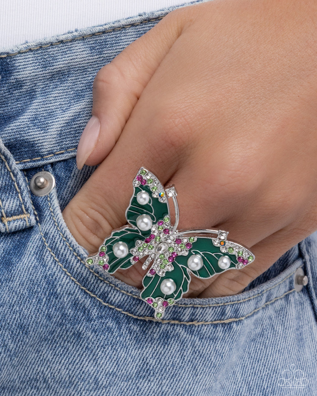 Paparazzi Fluttering Formal - Green Emerald Painted Silver Butterfly & Iridescent Rhinestone Butterfly Statement Ring R1222