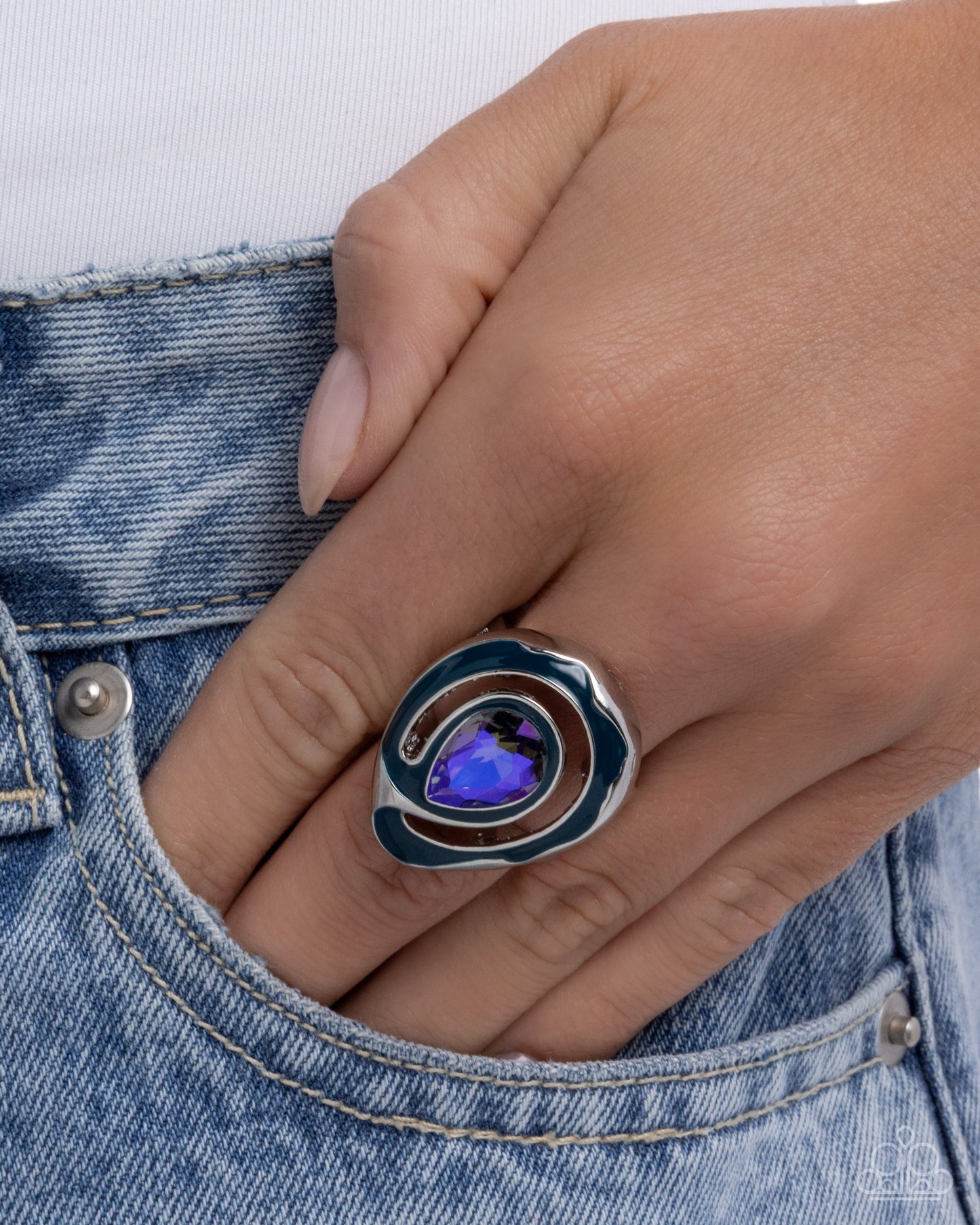 Theoretical Teardrop - Blue Crown Painted Silver & Purple UV Shimmery Gem Ring Paparazzi