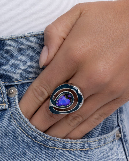 Theoretical Teardrop - Blue Crown Painted Silver & Purple UV Shimmery Gem Ring Paparazzi