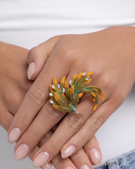 Paparazzi Fantastical Feather - Yellow, Green Mixed Gold Petal & Gold Petals Oversized Ring R1291