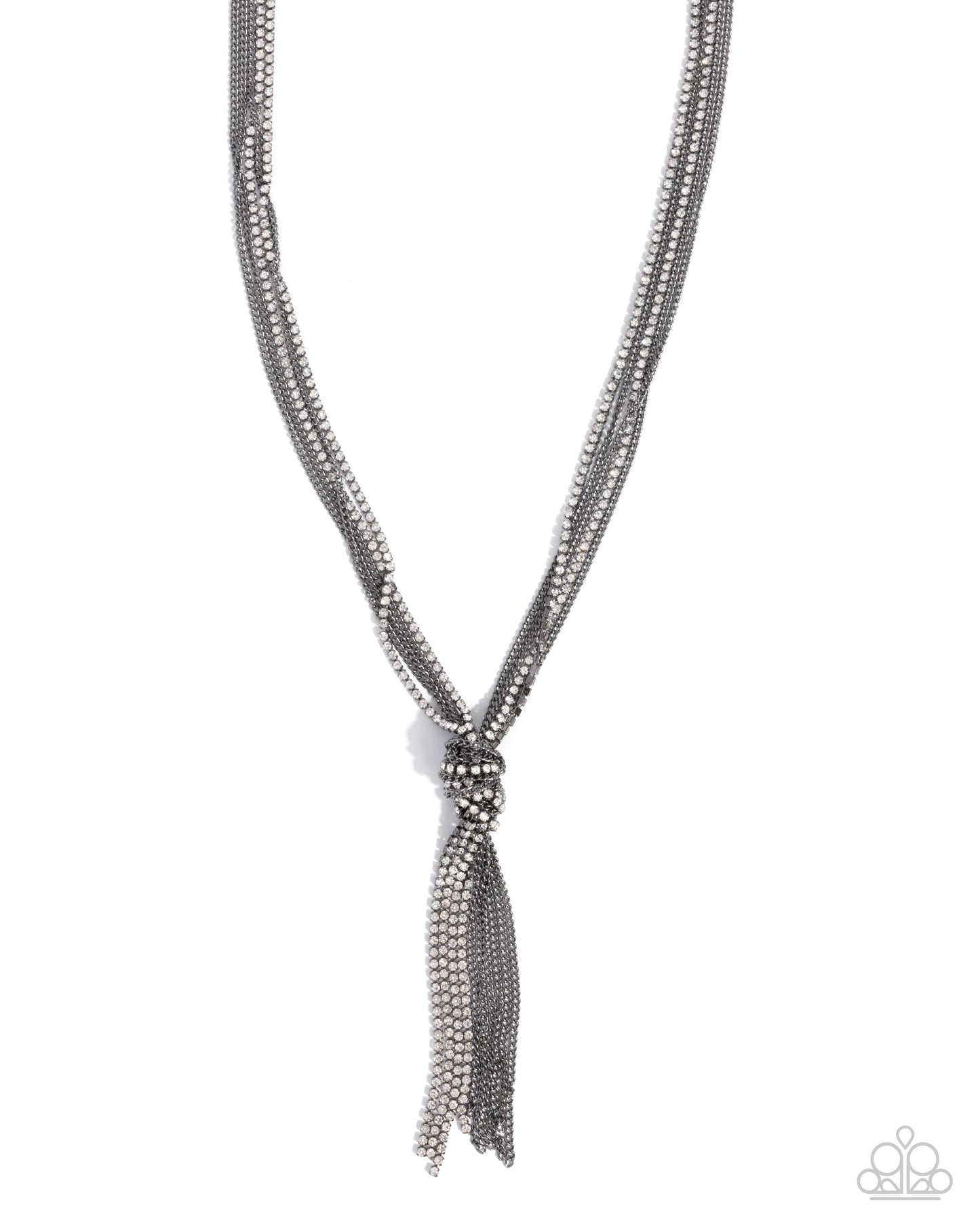 Twisted Tapestry - Black Gunmetal White Rhinestone Chain Tassel Necklace Paparazzi