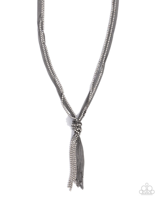 Twisted Tapestry - Black Gunmetal White Rhinestone Chain Tassel Necklace Paparazzi