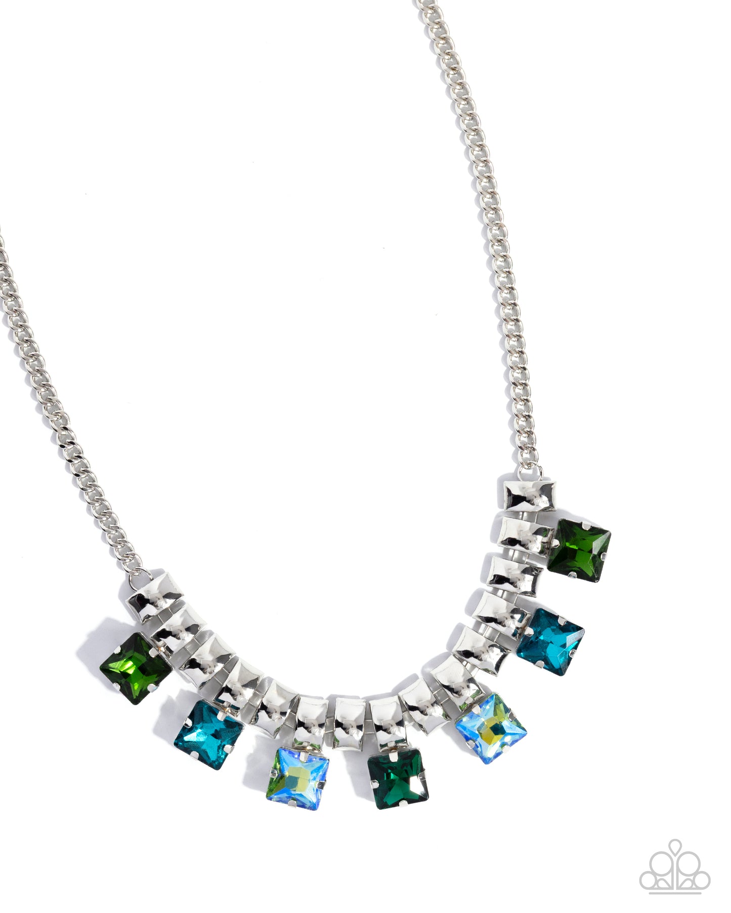 Paparazzi Glimpse of Grunge - Green, UV Green & Multicolored Green Gem Silver Necklace N3931