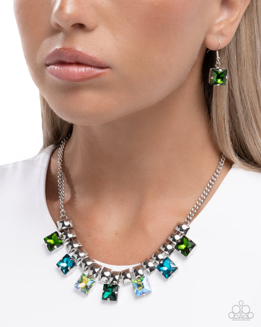 Paparazzi Glimpse of Grunge - Green, UV Green & Multicolored Green Gem Silver Necklace N3931