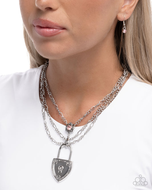 Paparazzi LOCK Show - Pink Light Rose Rhinestone & Silver Singapore Multi Layered Chain Necklace