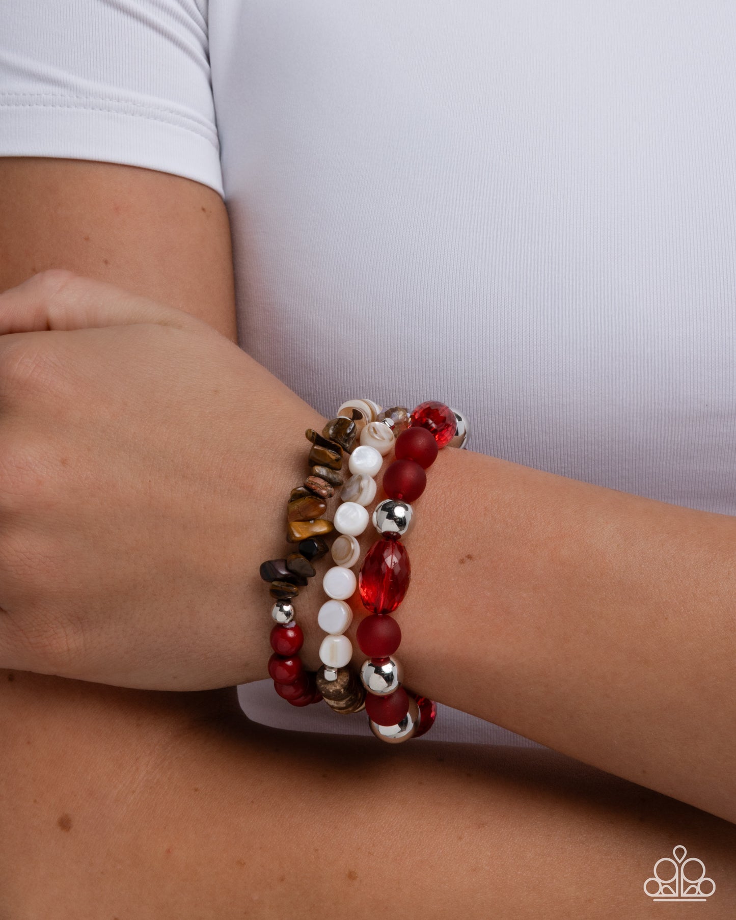 Paparazzi Seasonal Stretch - Red, Silver, Tiger's Eye Stone, White Shell Bead Set Of 3 Stretch Bracelets B2490