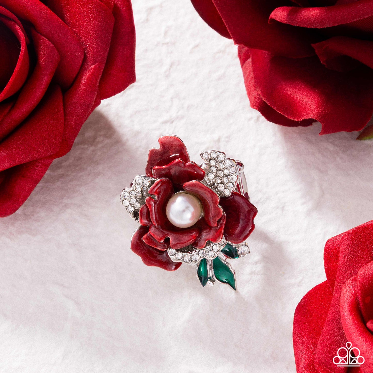Paparazzi Petaled Wonder - Red Pearl Painted & White Rhinestone Flower Ring R1321