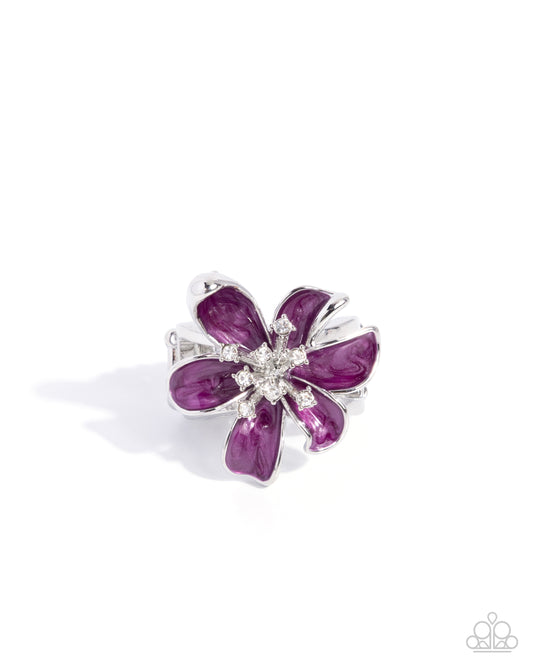 Paparazzi Painted Party - Purple Pearlescent Damson Painted Flower & White Rhinestone Ring R1226