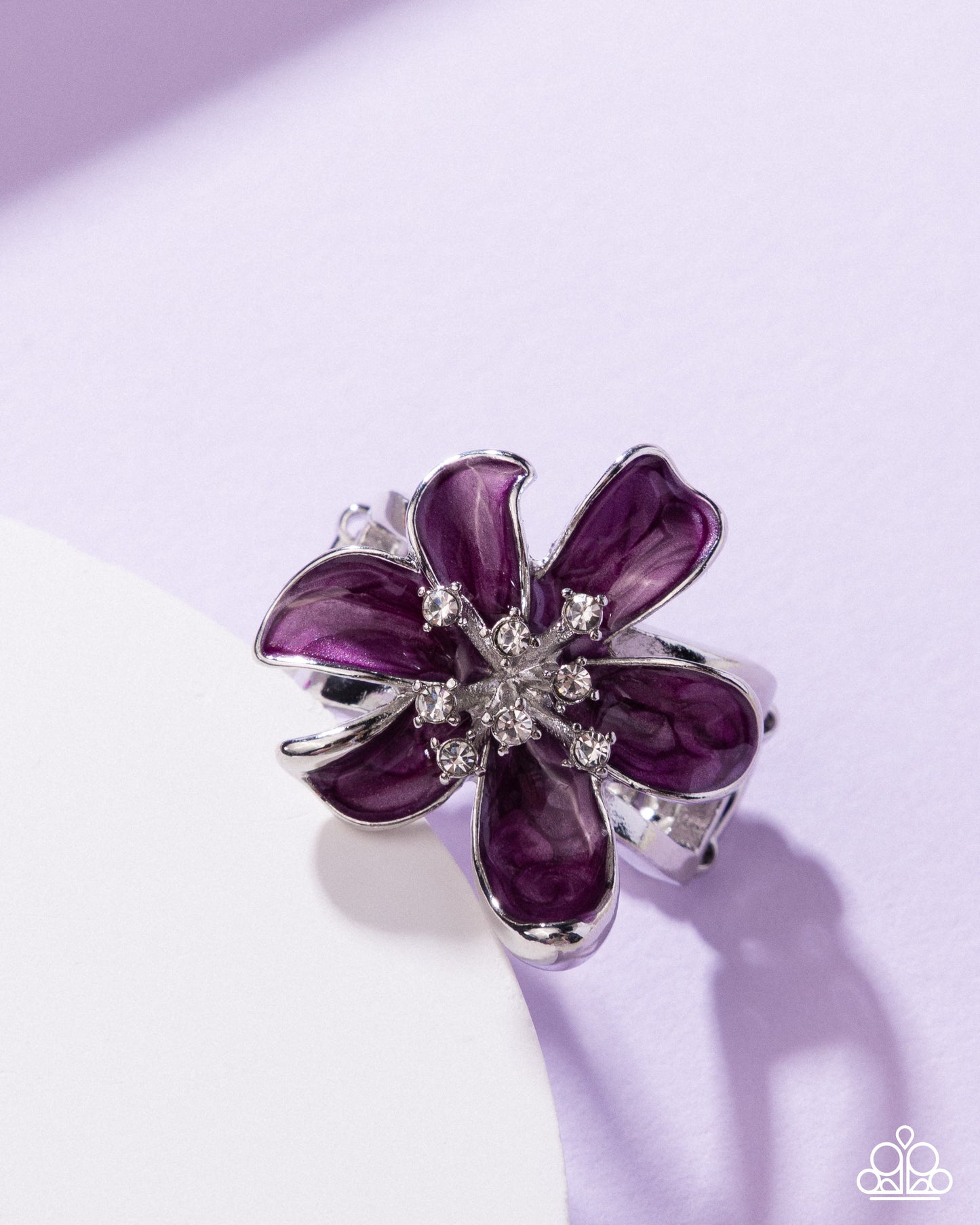 Paparazzi Painted Party - Purple Pearlescent Damson Painted Flower & White Rhinestone Ring R1226
