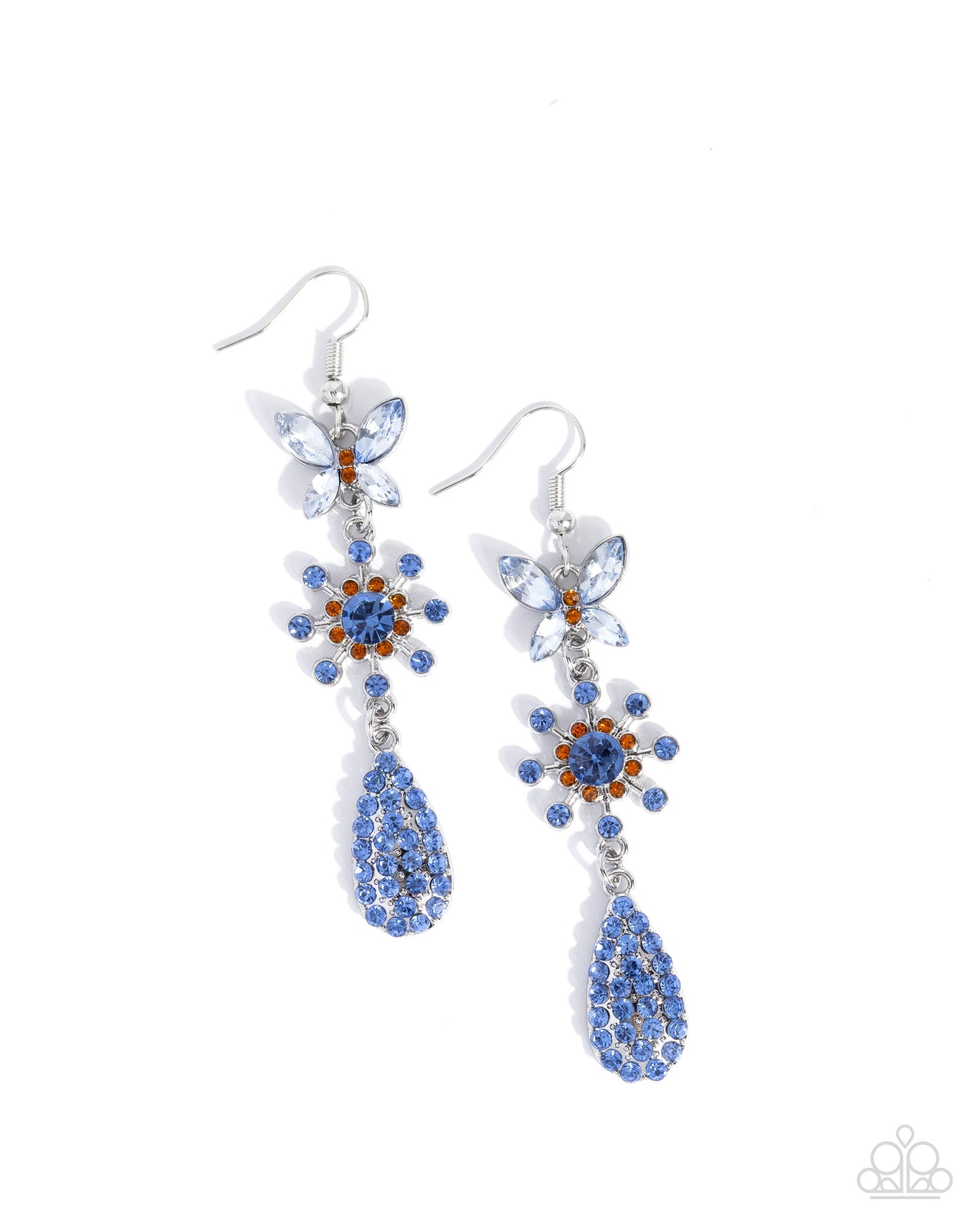 Paparazzi Butterfly Blend - Blue - Light Blue, Topaz & Blue Rhinestone Flowers, Butterfly Teardrop Earring E3326