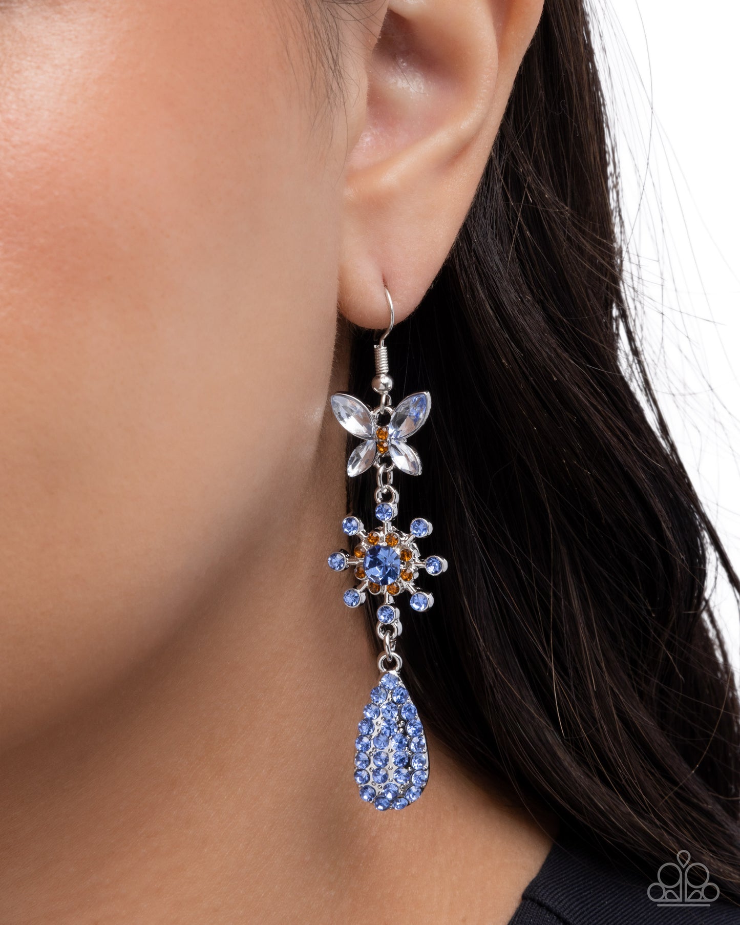 Paparazzi Butterfly Blend - Blue - Light Blue, Topaz & Blue Rhinestone Flowers, Butterfly Teardrop Earring E3326