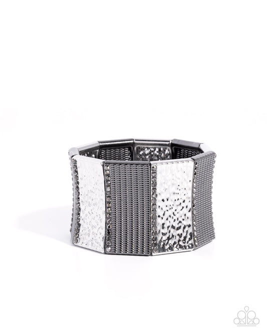 Textured Title - Silver Hammered & Gunmetal Hammered Stretch Bracelet Paparazzi B2426