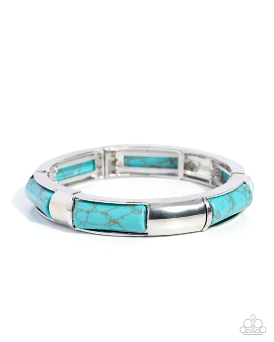 Paparazzi Memorable Marbling - Blue Turquoise Stone Silver Stretch Bracelet Santa Fe Style B2751