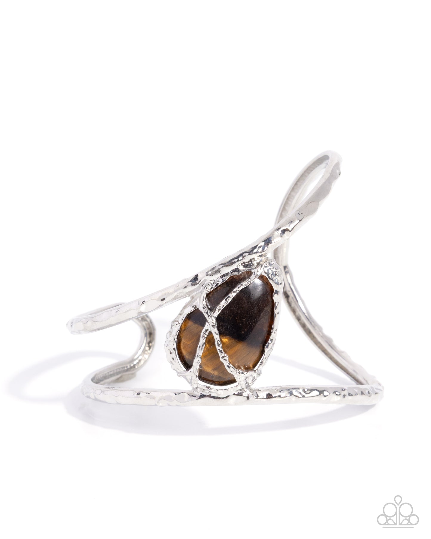 Precise Placement - Brown Tiger's Eye Stone Silver Hammered Cuff Bracelet Paparazzi B2467
