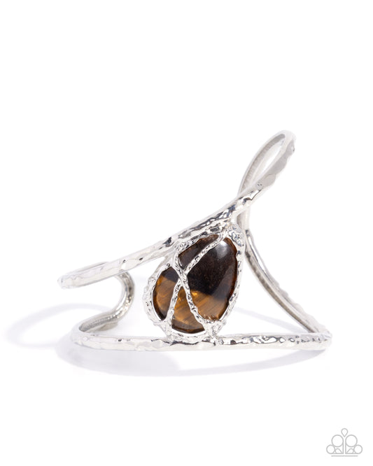 Precise Placement - Brown Tiger's Eye Stone Silver Hammered Cuff Bracelet Paparazzi B2467