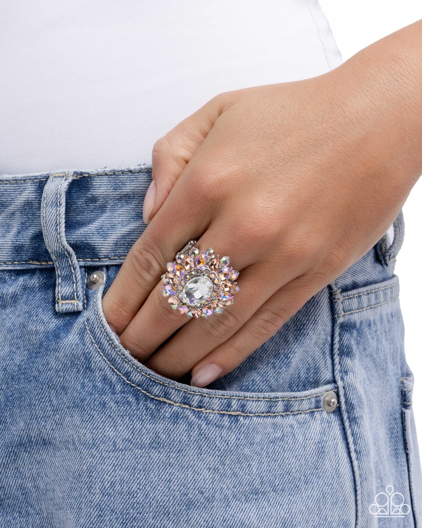 Paparazzi Petaled Persistence - Orange, Peach Iridescent & Peach UV Shimmery Gem Floral Ring R1342