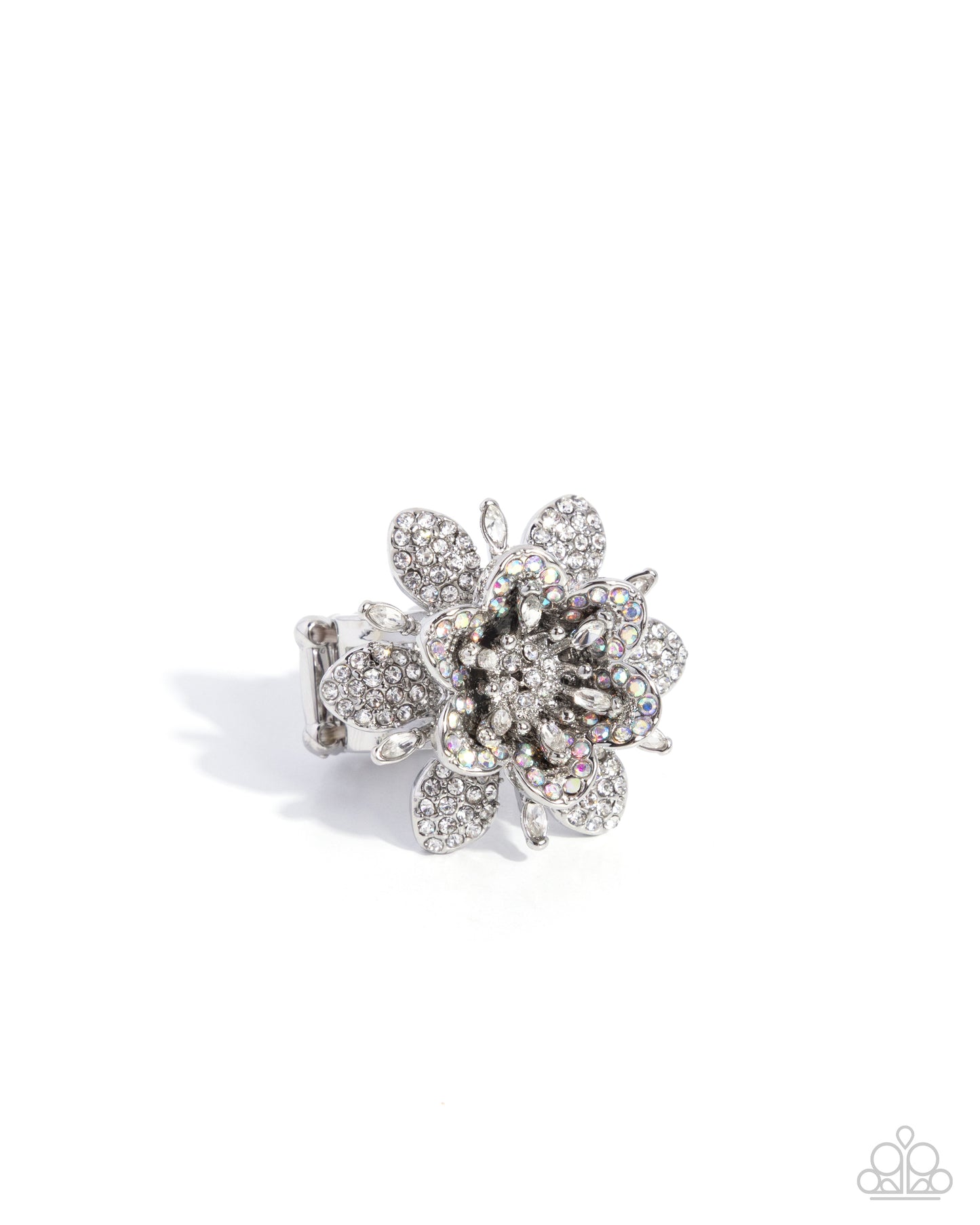 Petaled Premonition - White Gem & Iridescent Rhinestone Flower Ring Paparazzi