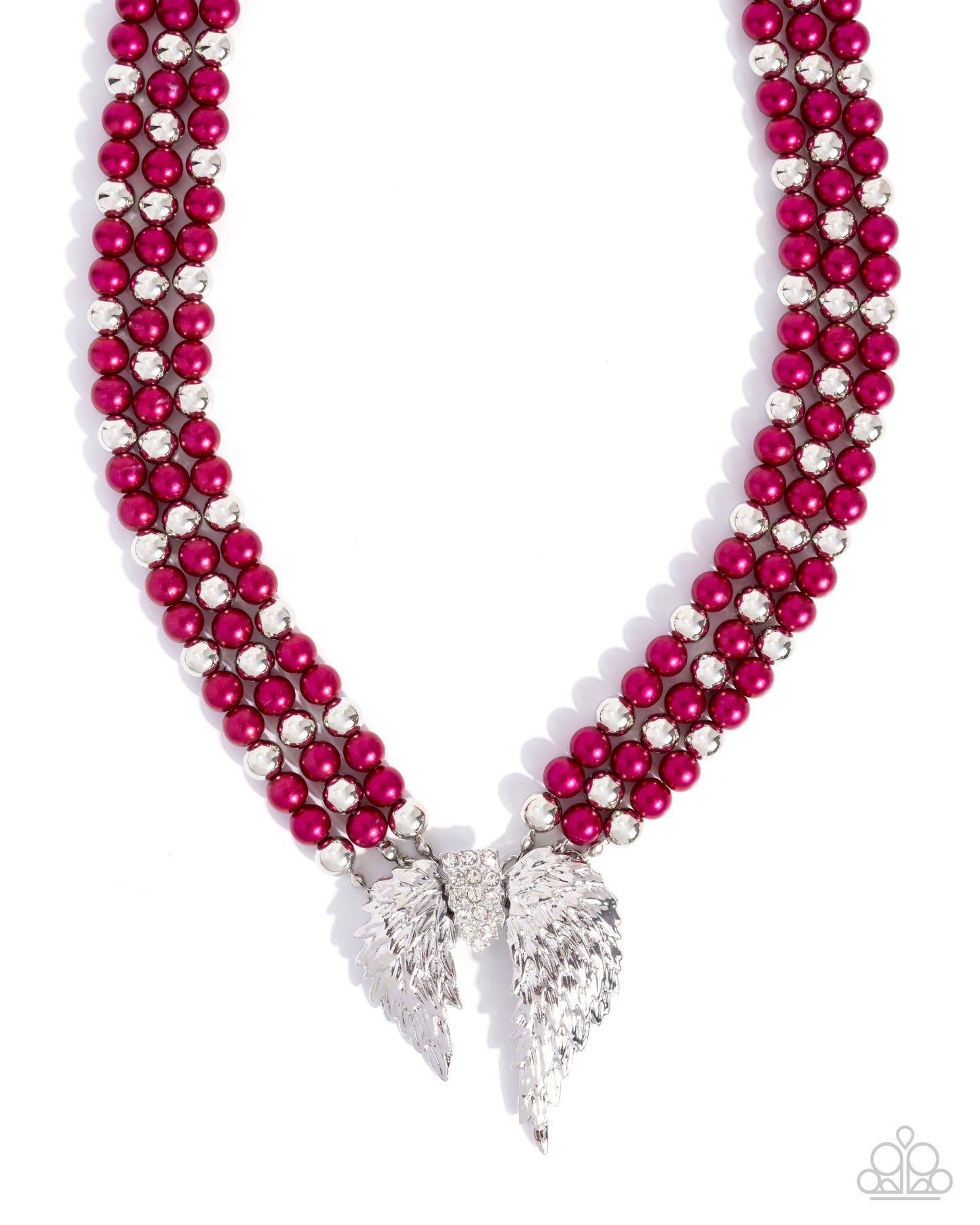 Paparazzi Angelic Ardor - Red Wine Pearl, Silver & White Rhinestone Angel Wing Pendant Necklace N3980