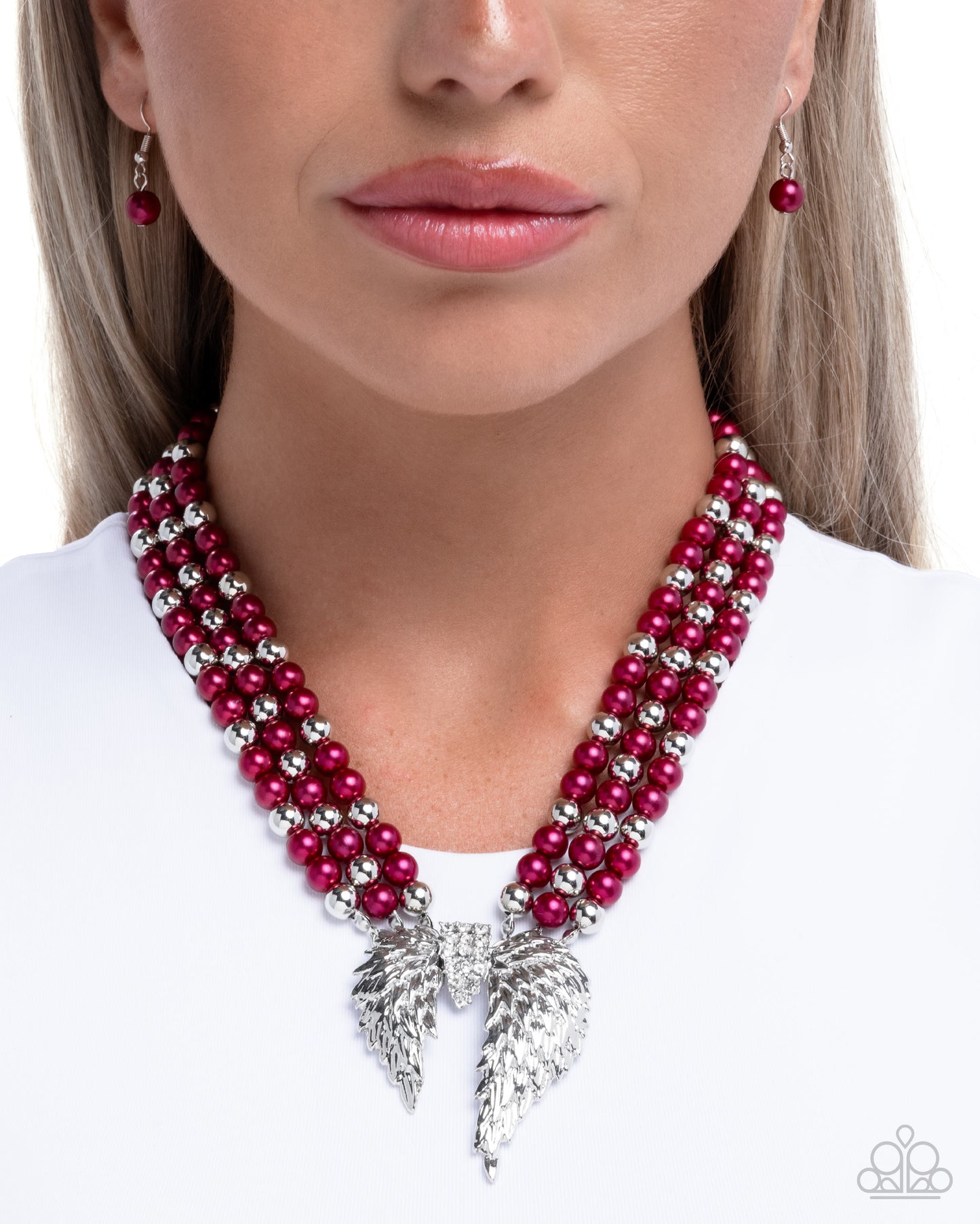 Paparazzi Angelic Ardor - Red Wine Pearl, Silver & White Rhinestone Angel Wing Pendant Necklace N3980