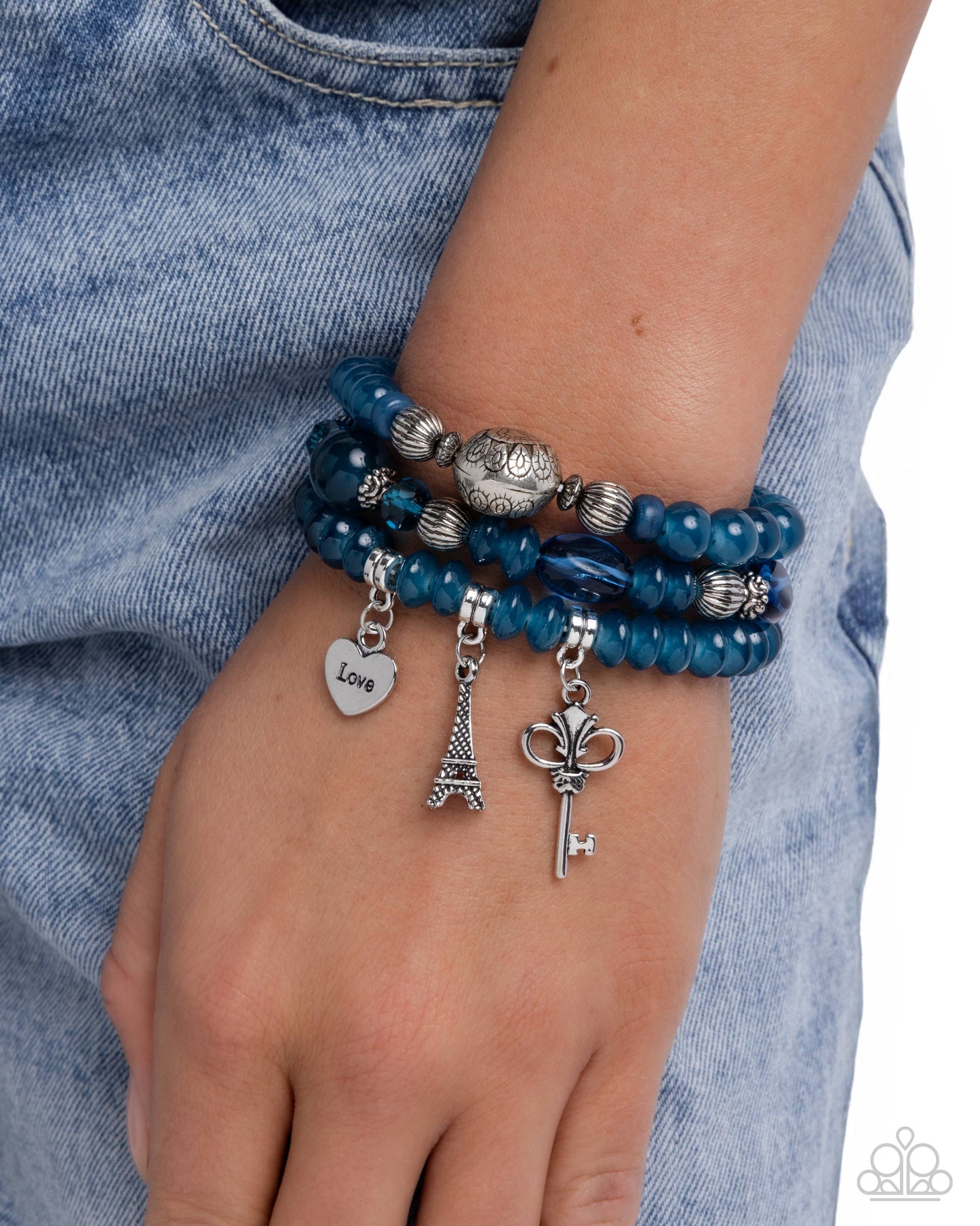 Paparazzi French Chic - Blue - Lyons Blue & Silver Bead Set of 3 Stretch Bracelets B2560