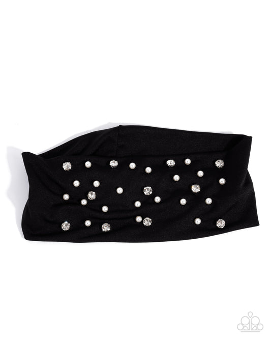 Effortless Energy - Black Soft, White Pearl & Rhinestone Stretch Headband Paparazzi H0217