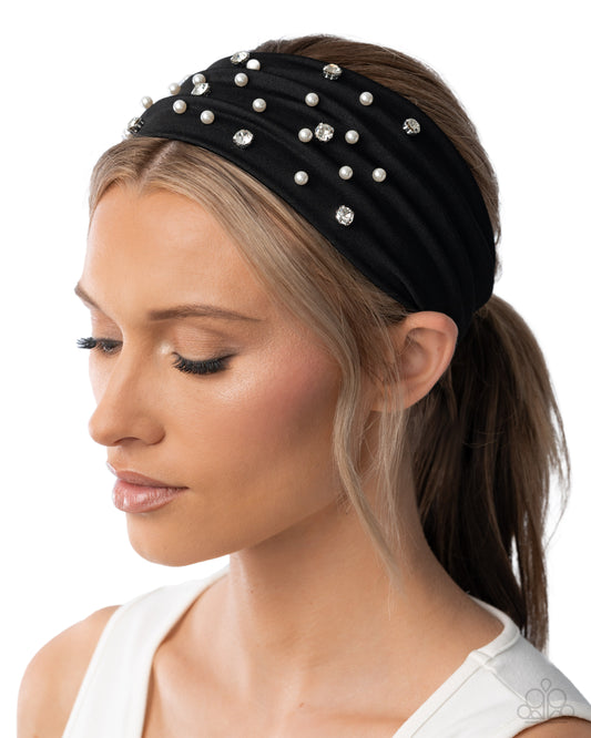Effortless Energy - Black Soft, White Pearl & Rhinestone Stretch Headband Paparazzi H0217