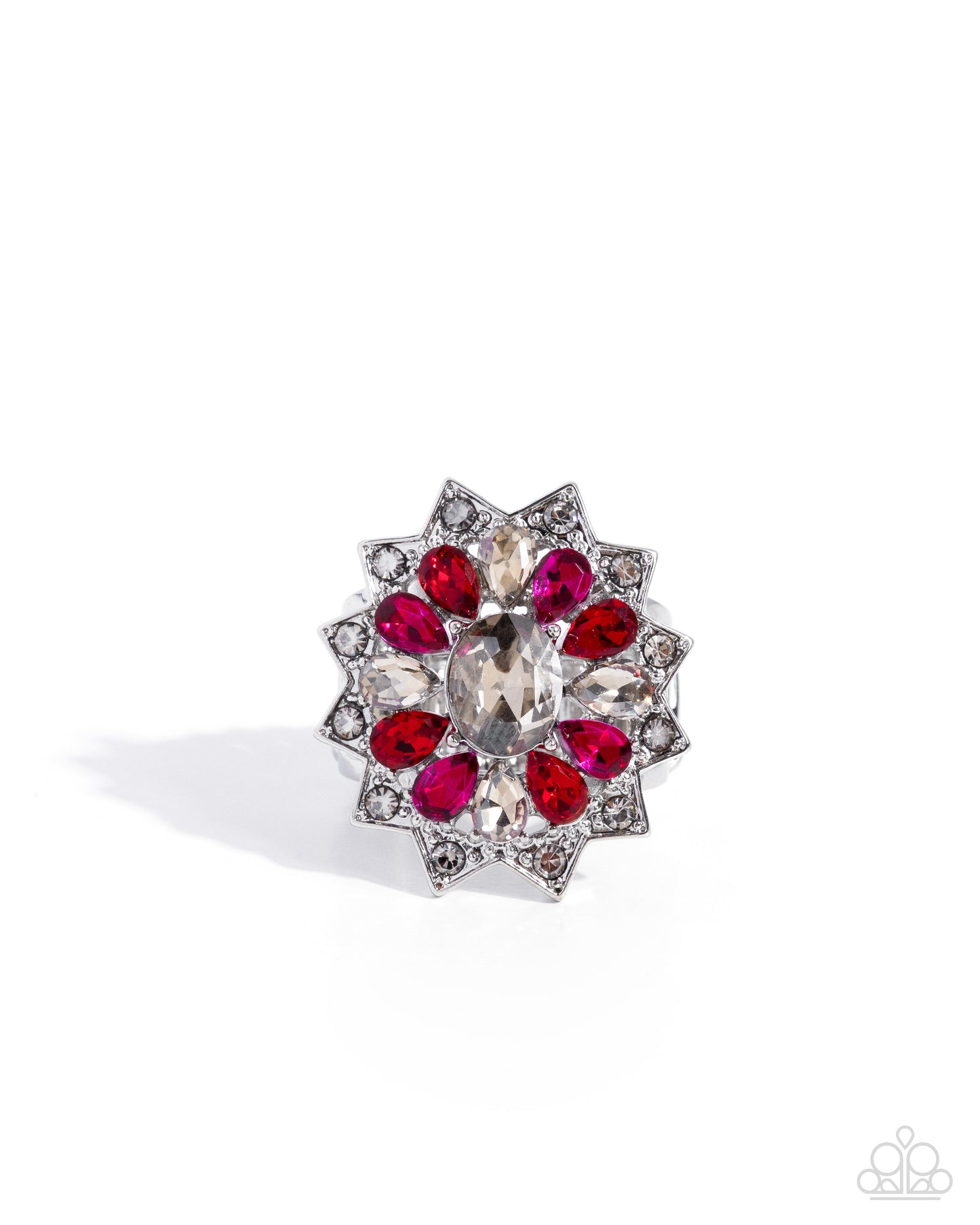 Paparazzi Pointed Prowess - Silver, Smoky Rhinestone & Red Gem Flower Ring R1294