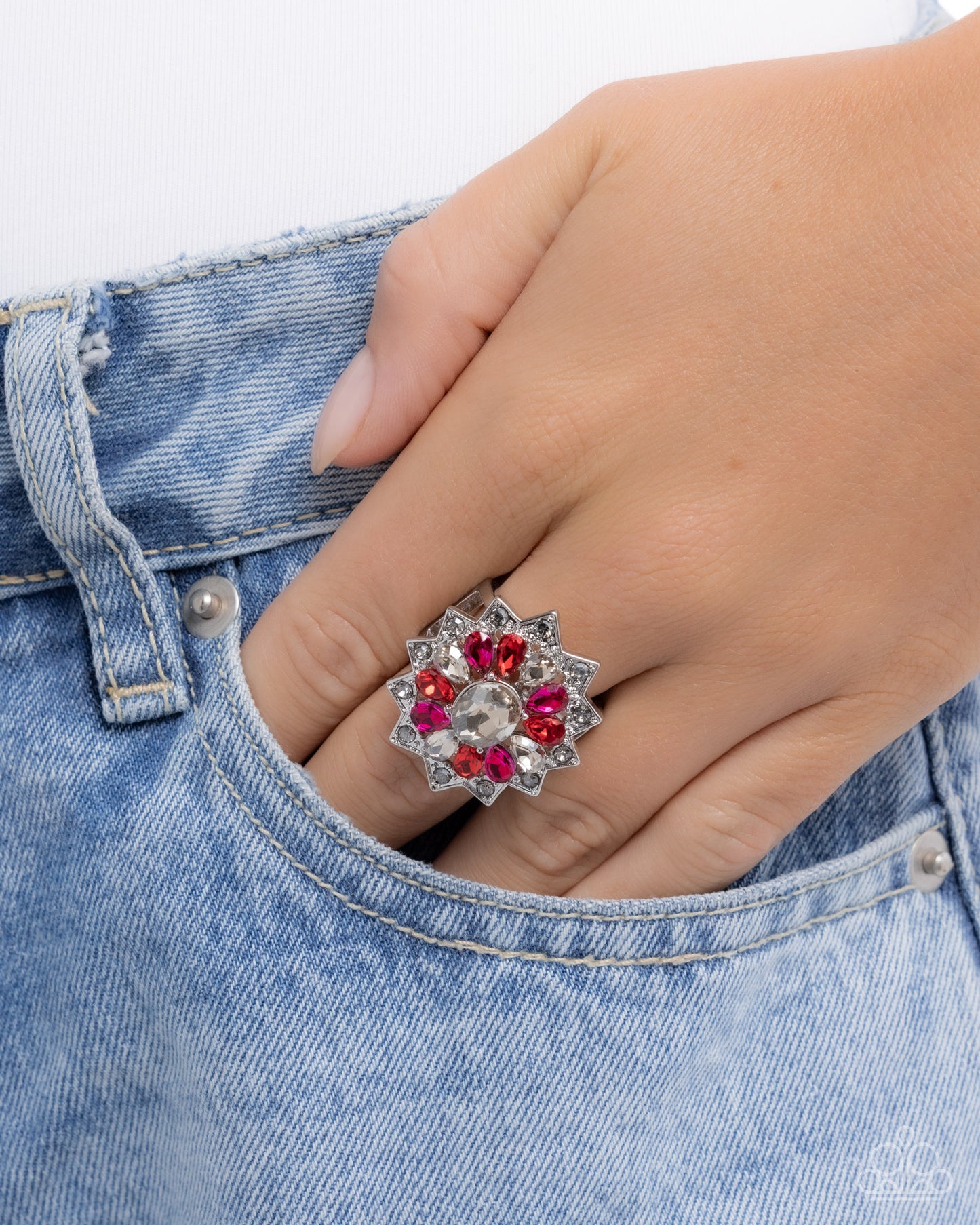 Paparazzi Pointed Prowess - Silver, Smoky Rhinestone & Red Gem Flower Ring R1294