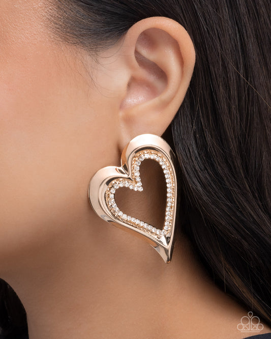 Paparazzi Cupid Chic - Gold Heart White Rhinestone Post Earring E3302