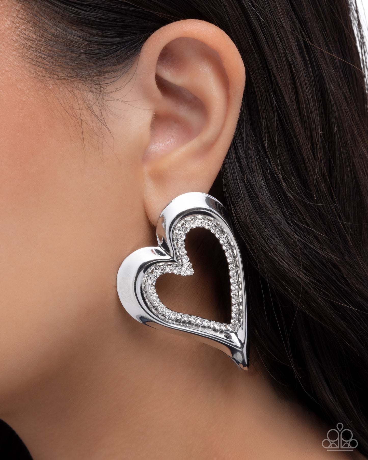 Paparazzi Cupid Chic - White Rhinestone Oversized Silver Heart Post Earring E3319