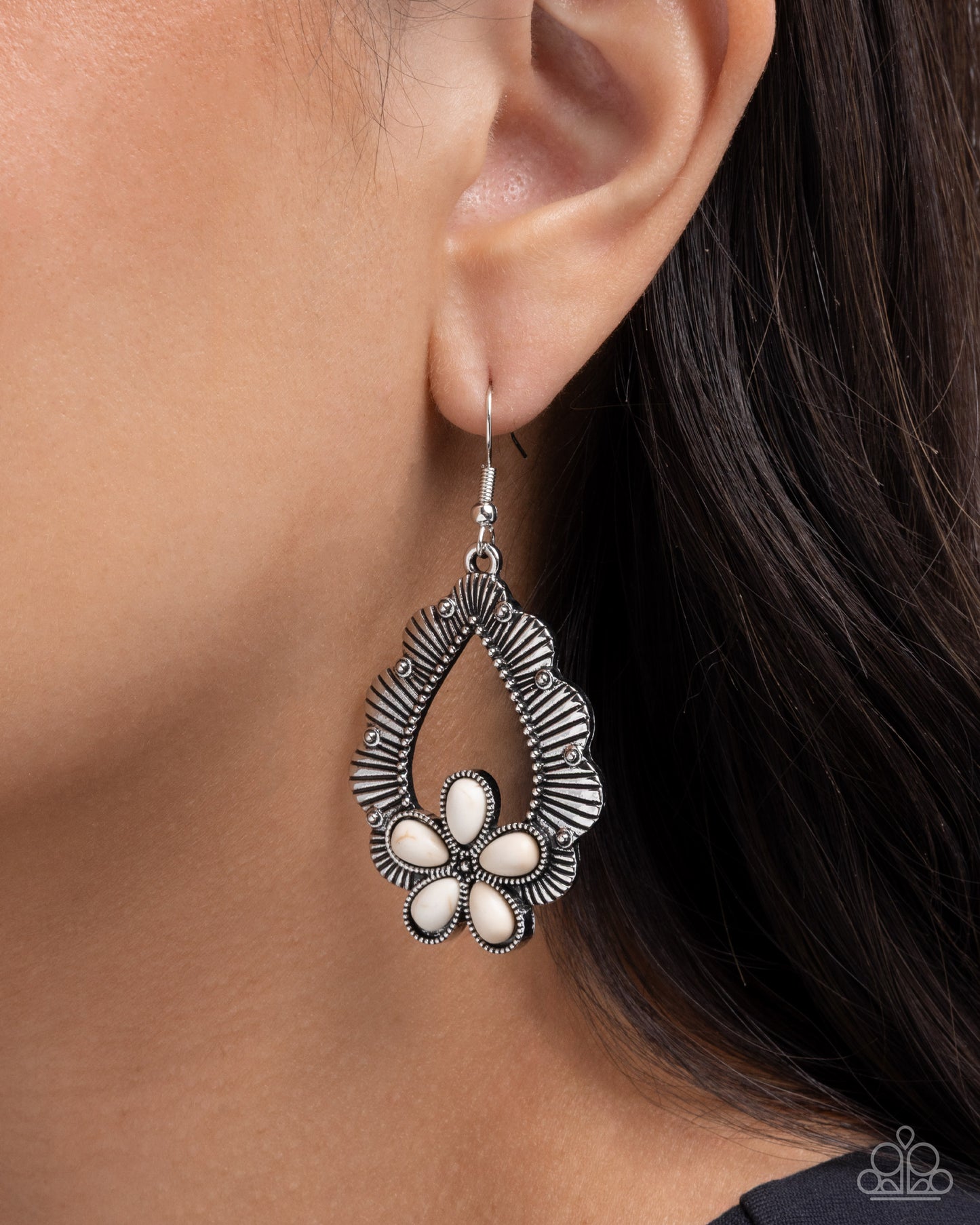 Paparazzi Noticeably Earthy - White Stone Flower Silver Teardrop Santa Fe Style Earring E3105