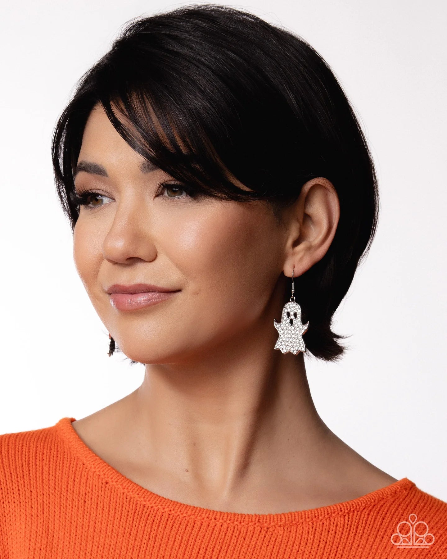 Ghost Town - White Rhinestone Ghost Halloween Earrings Life Of The Party September 2025 Paparazzi E3094