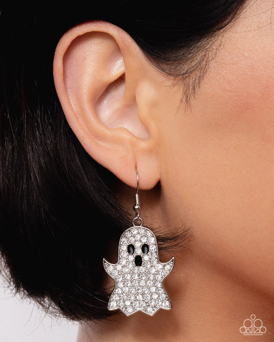 Ghost Town - White Rhinestone Ghost Halloween Earrings Life Of The Party September 2025 Paparazzi E3094