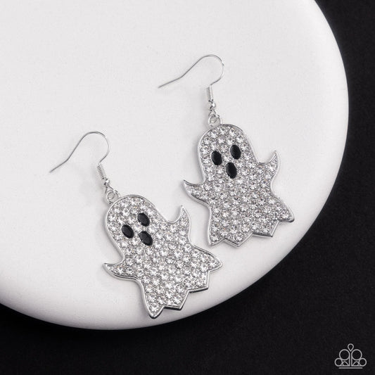 Ghost Town - White Rhinestone Ghost Halloween Earrings Life Of The Party September 2025 Paparazzi E3094