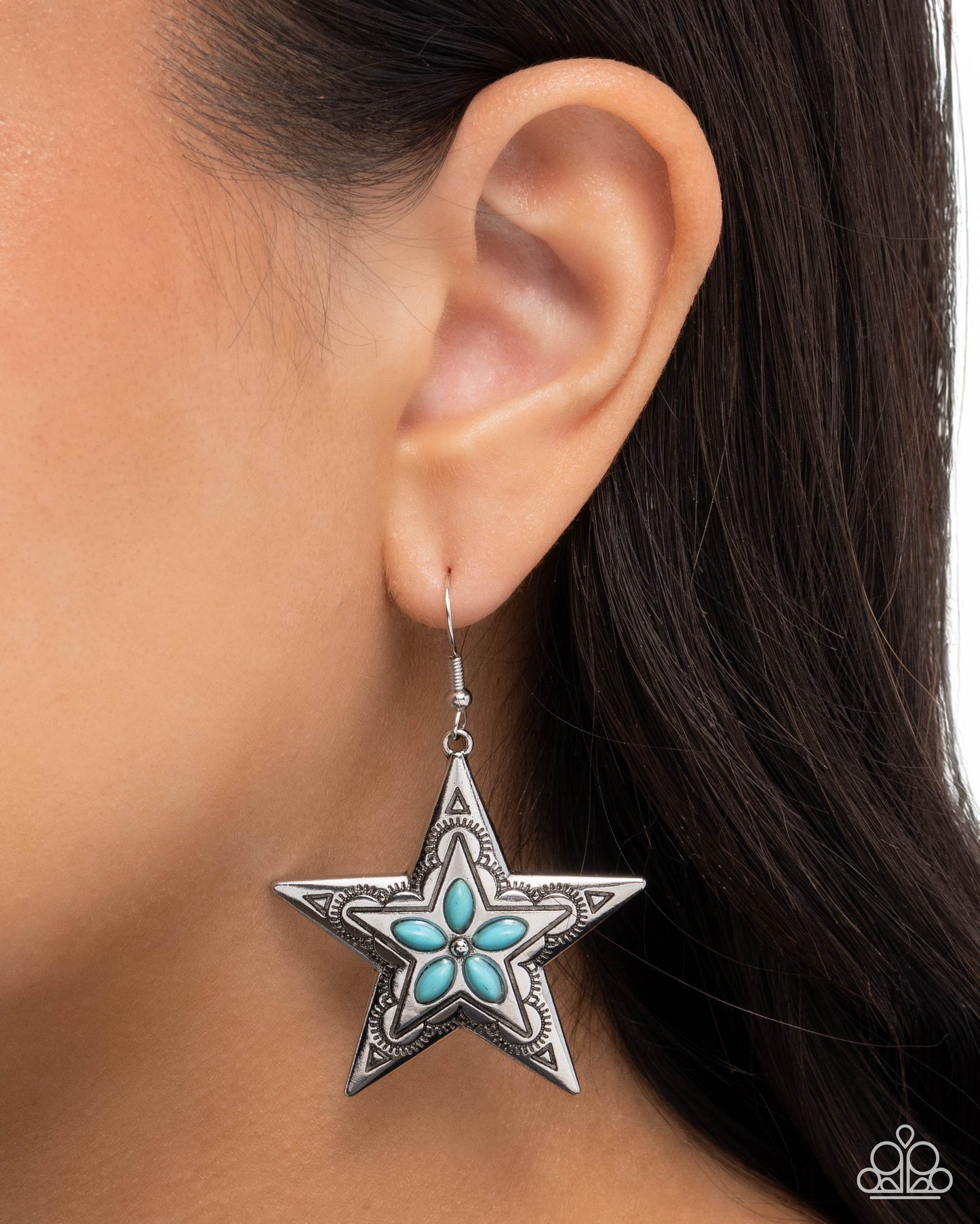 Sheriff Santa Fe - Blue Turquoise Stone Silver Star Earring Santa Fe Style Paparazzi E3076