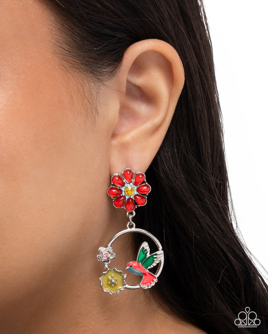 Tropical Tapestry - Red - Poppy Red Petal & Hummingbird Earring Paparazzi E3134