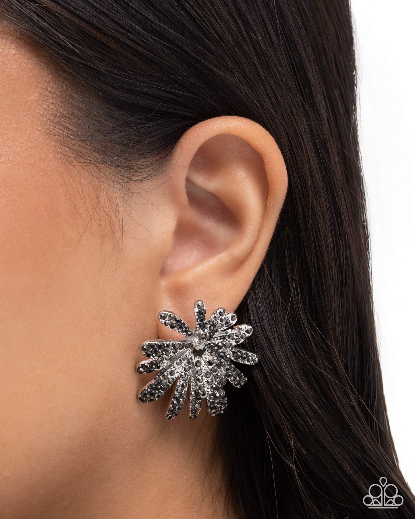 Paparazzi Sparkly Springtime - Silver Hematite Rhinestone Silver Daisy Flower Post Earring E3246