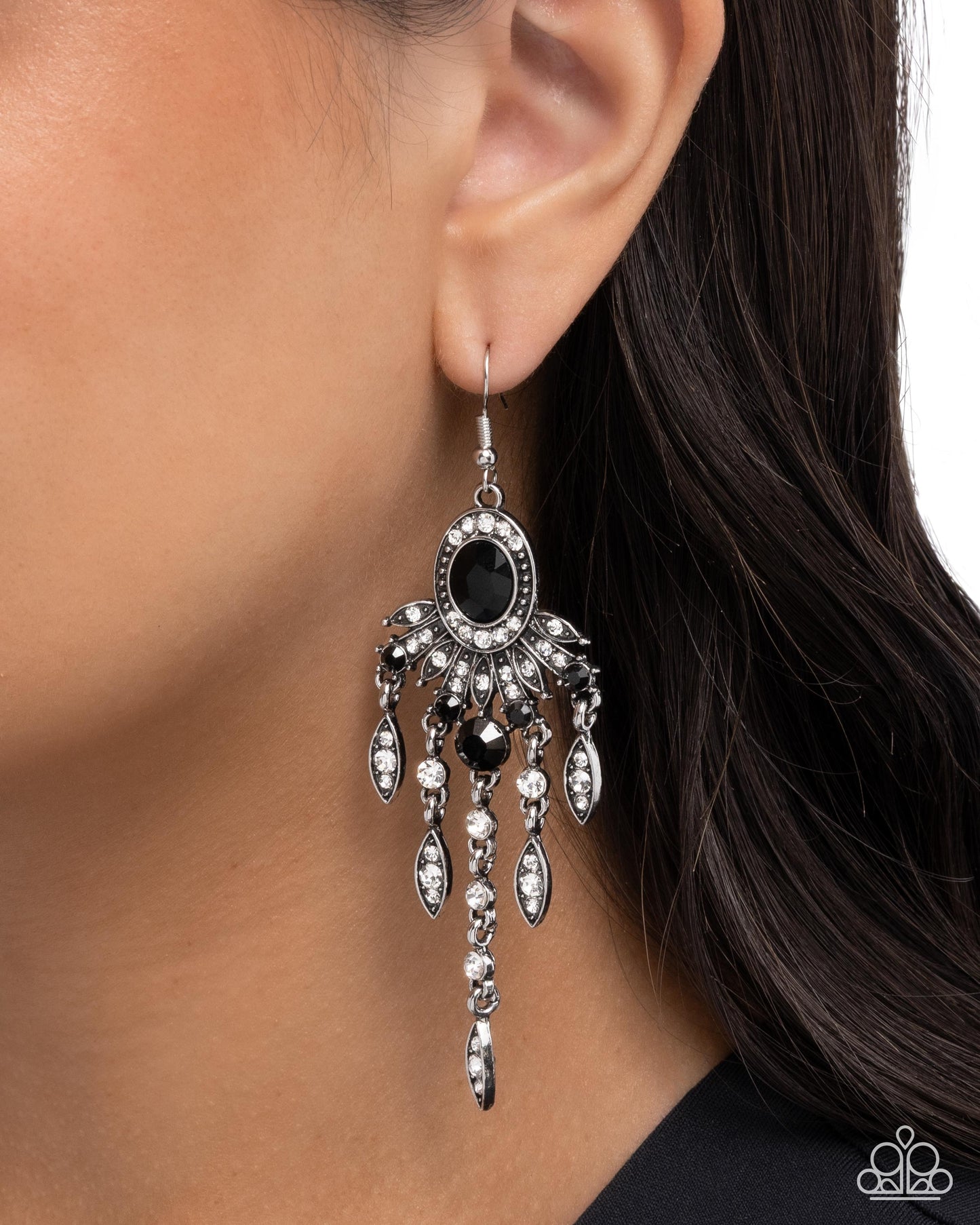 Paparazzi Shimmery Sway - Black Gem White Rhinestone Chandelier Style Earring E3228