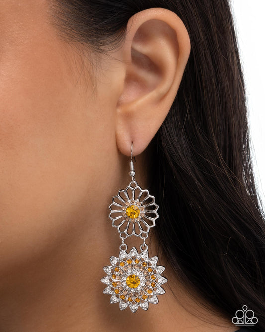 Paparazzi Perfected Shimmer - Yellow Multicolored Rhinestone Silver Flower Earring E3570