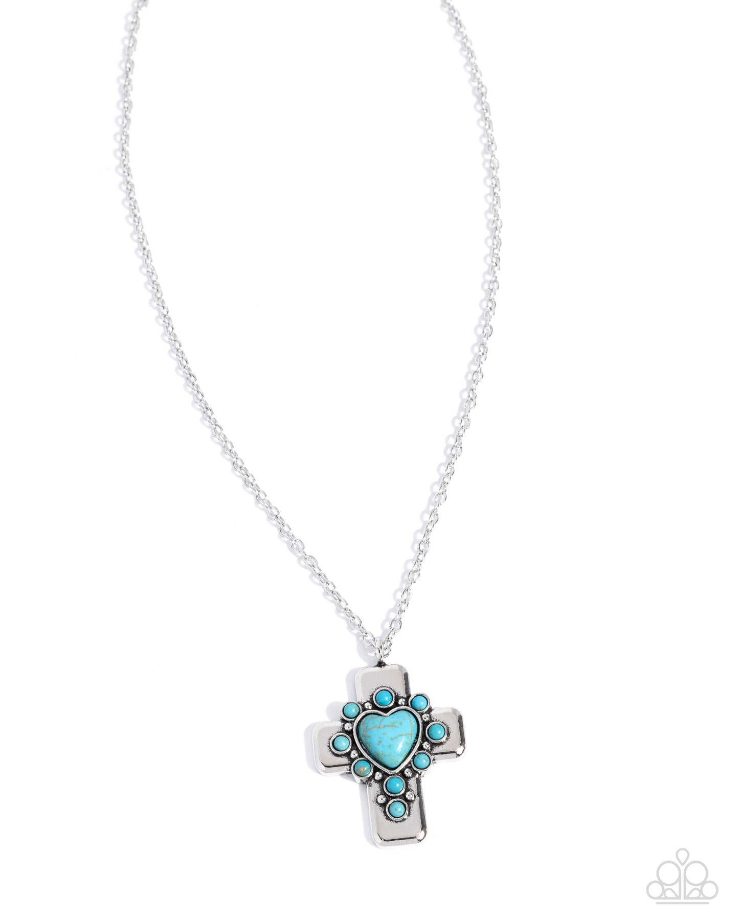 Paparazzi Heavenly Color - Blue Turquoise Heart Silver Cross Necklace